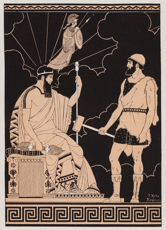Athenen syntymä (värilitografia) tekijältä Joseph Kuhn Regnier