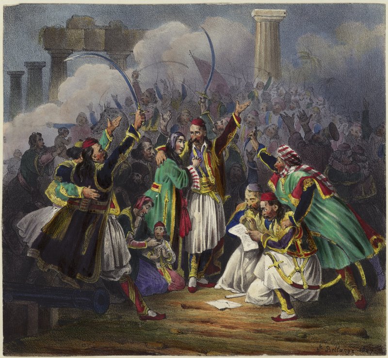 Juhlakohtaus hahmojen kanssa perinteisessä asussa tekijältä Joseph Louis Hippolyte Bellange