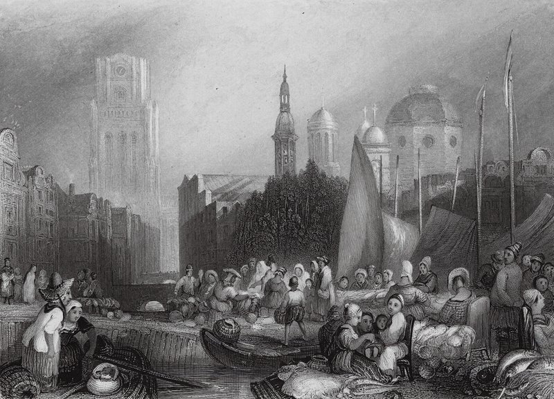 Rotterdamin kalamarkkinat (kaiverrus) tekijältä Joseph Mallord William (after) Turner