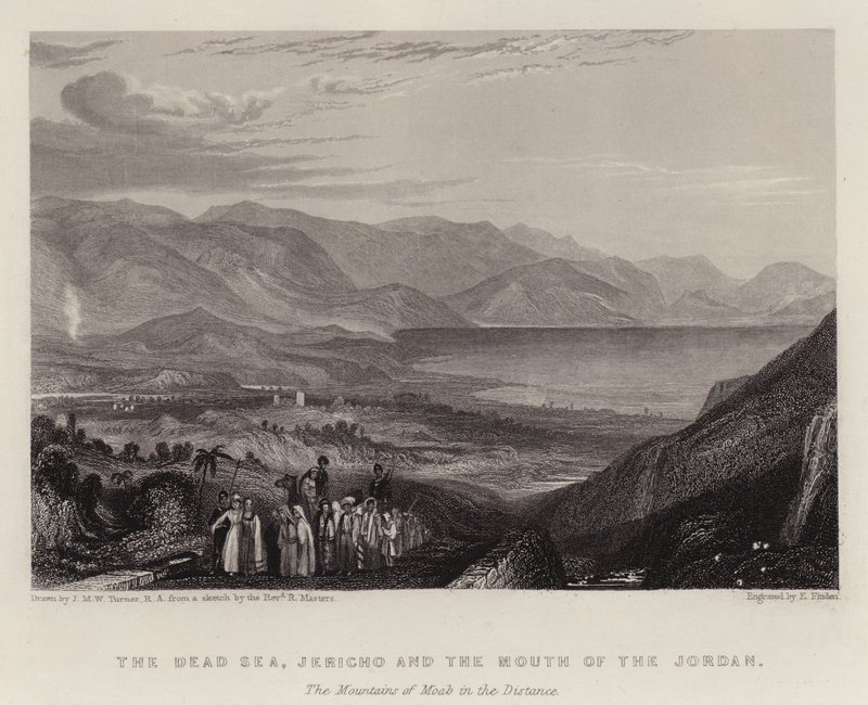 Kuollutmeri, Jeriko ja Jordanin suu, Mooabin vuoret kaukana (väri litho) tekijältä Joseph Mallord William (after) Turner