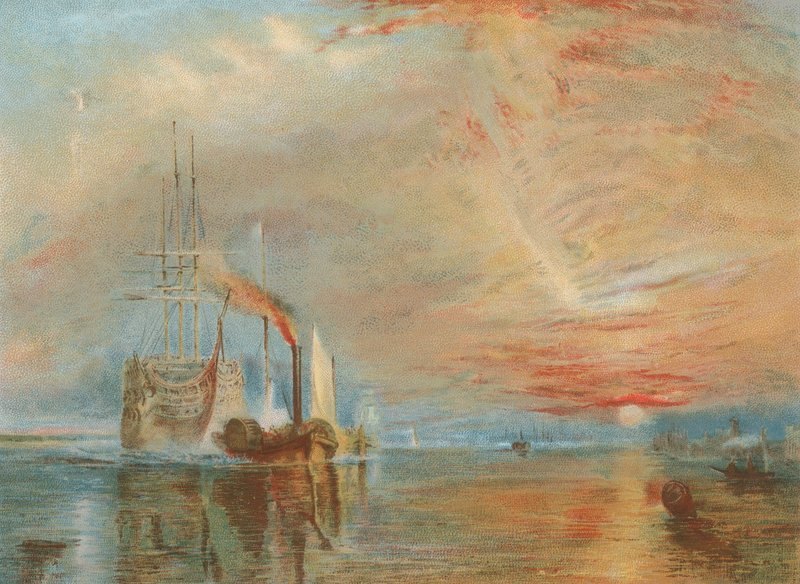 Vanha Temeraire hinattiin viimeiselle vuodepaikkaansa (chromolitho) tekijältä Joseph Mallord William Turner