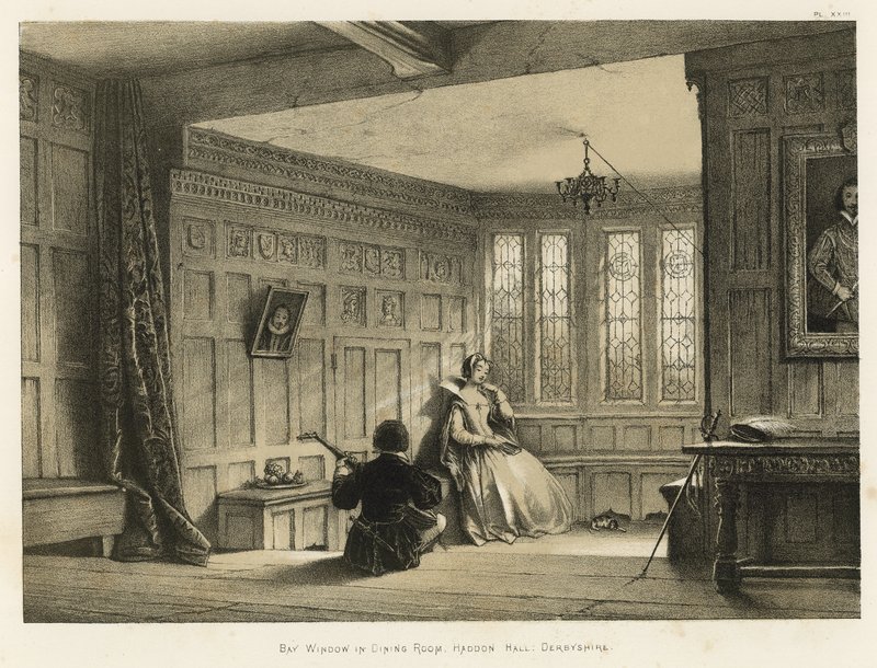 Erkkeri ruokasalissa, Haddon Hall, Derbyshire tekijältä Joseph Nash