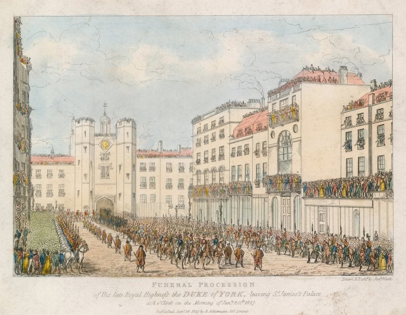 Yorkin herttuan edesmenneen kuninkaallisen korkeuden hautajaiskulkue lähdössä St Jamesin palatsista. tekijältä Joseph Nash