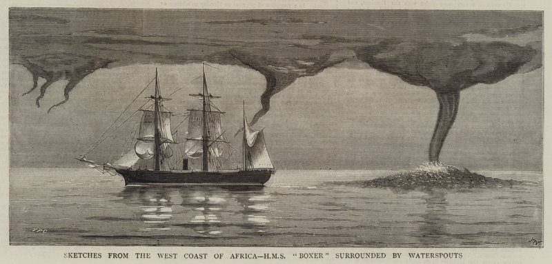 Luonnoksia Afrikan länsirannikolta, HMS Boxer Waterspoutien ympäröimänä tekijältä Joseph Nash