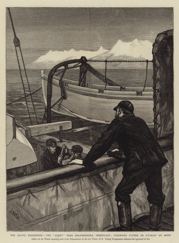 Arktinen retkikunta, varoitus lähellä Holsteinborgia, Grönlanti, Sternpost Cutter tai Ice-Boat on Skids tekijältä Joseph Nash