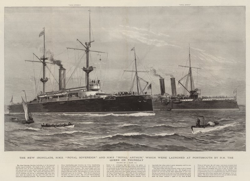 Uudet rautalaivat, HMS Royal Sovereign ja HMS Royal Arthur, jotka kuningatar laski vesille Portsmouthissa torstaina. tekijältä Joseph Nash