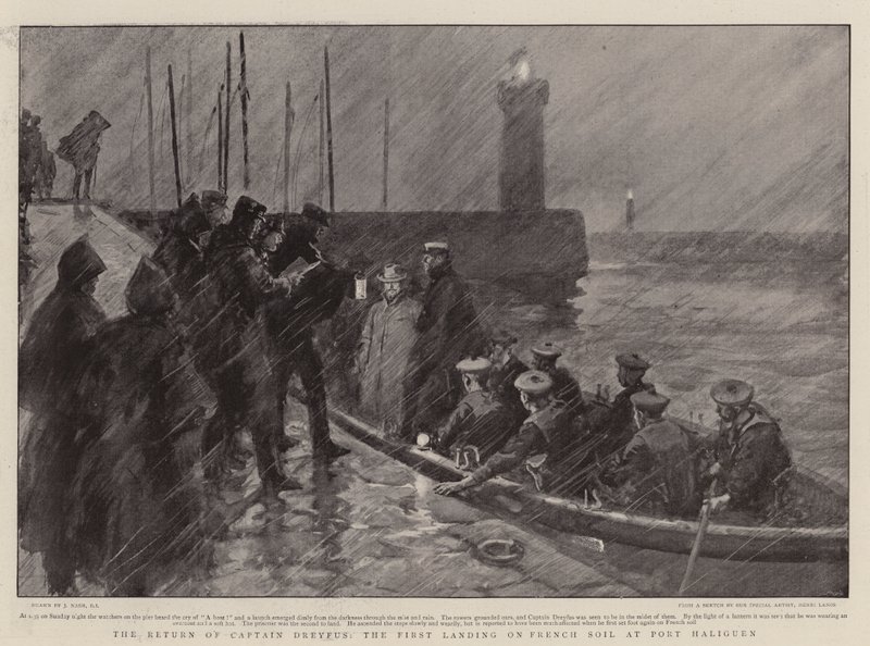 Kapteeni Dreyfusin paluu, ensimmäinen laskeutuminen Ranskan maaperälle Port Haliguenissa tekijältä Joseph Nash