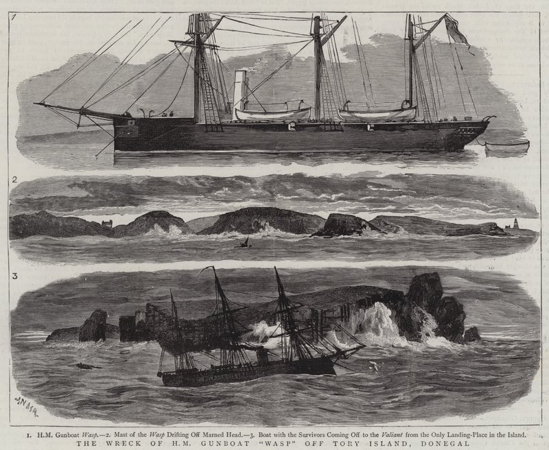 HM Gunboat Waspin hylky Tory Islandin edustalla, Donegal tekijältä Joseph Nash