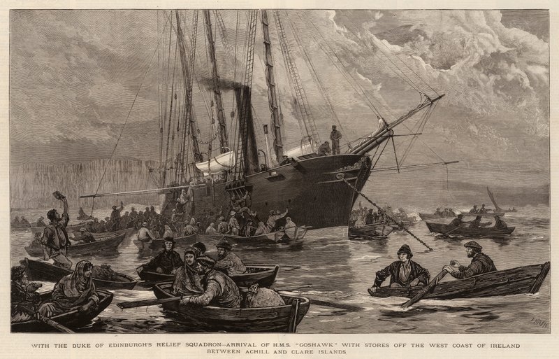 Edinburghin herttuan avustuslentueen kanssa, HMS Goshawkin saapuminen myymälöineen Irlannin länsirannikolla Achill- ja Claresaarten välissä tekijältä Joseph Nash
