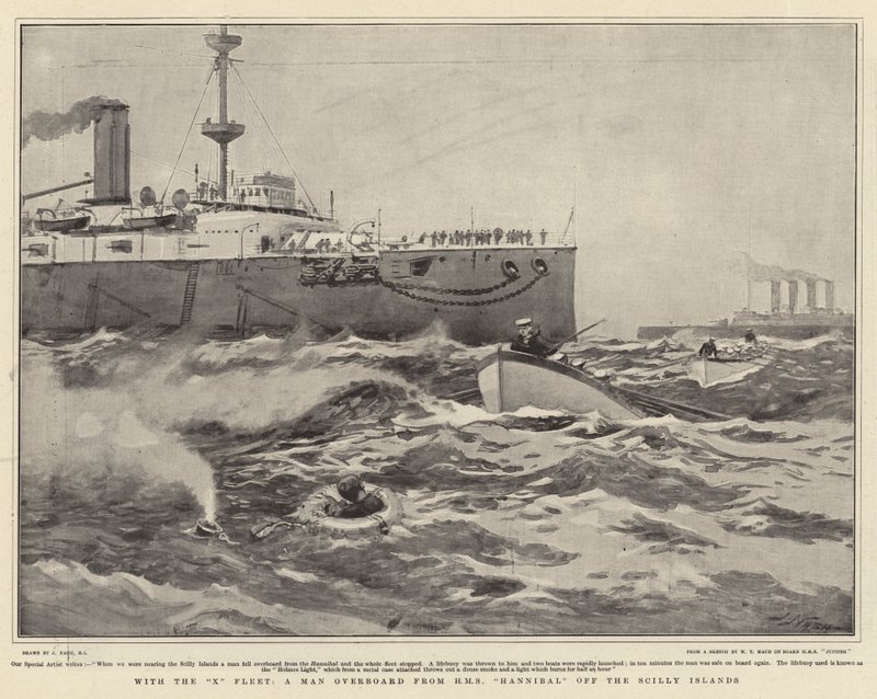 X Fleetin kanssa mies yli laidan HMS Hannibalista Scillysaarten edustalta tekijältä Joseph Nash