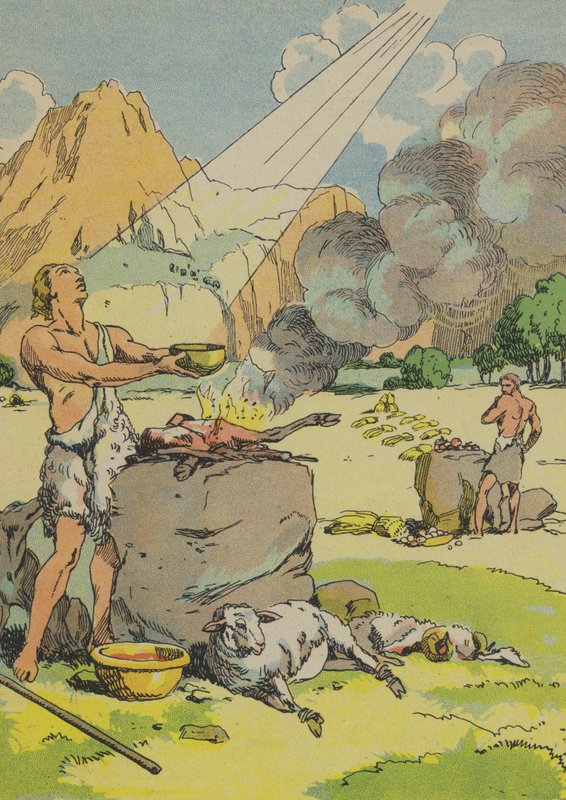 Abel uhraa Jumalalle (värilitografia). tekijältä Joseph Porphyre Pinchon