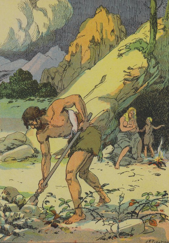 Aatami muokkaamassa maata sen jälkeen, kun hänet on karkotettu Eedenin puutarhasta (värilitografia). tekijältä Joseph Porphyre Pinchon