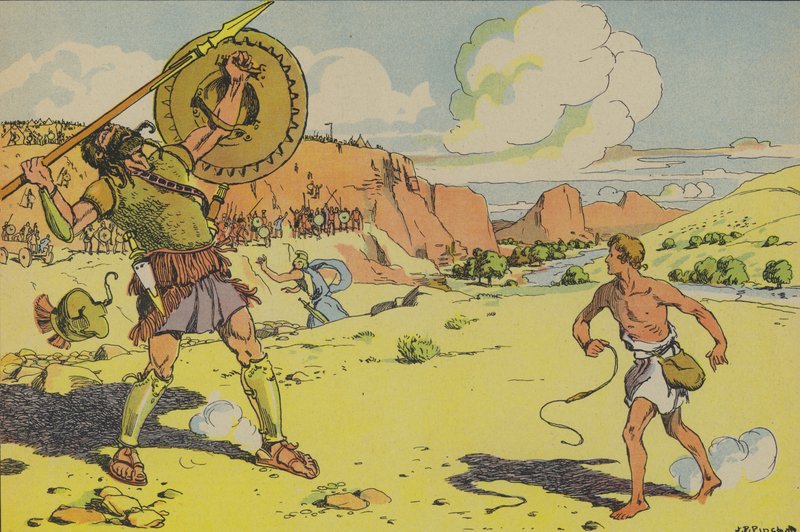 Daavid ja Goljat (värilitografia) tekijältä Joseph Porphyre Pinchon