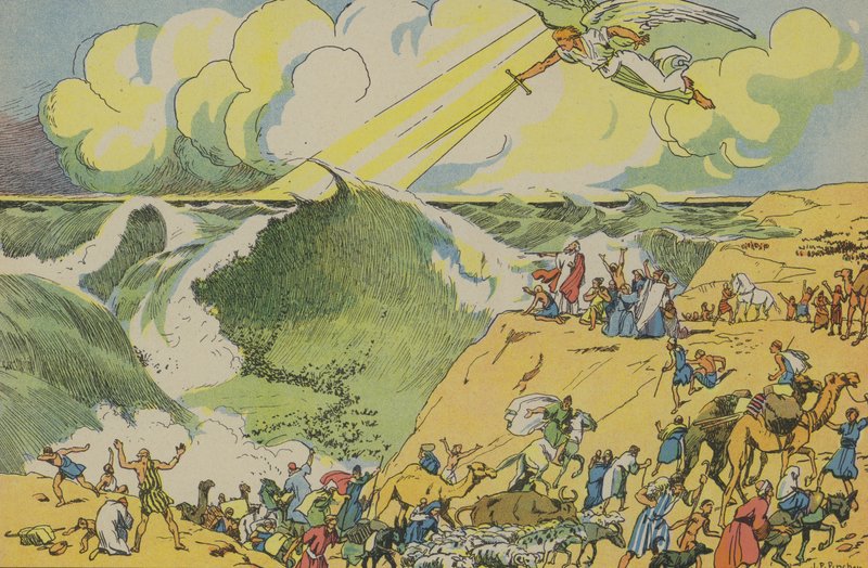 Mooses ylittää Punaisen meren (värilitografia) tekijältä Joseph Porphyre Pinchon