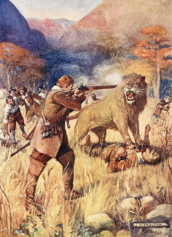 Suuri leijona syöksyi yhden miehen kimppuun (väriliitoskuva). tekijältä Joseph Ratcliffe (after) Skelton