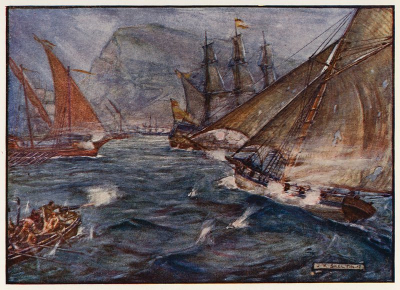 Brittiläinen kutteri Buck väistää Gibraltarin espanjalaista saartoa. tekijältä Joseph Ratcliffe (after) Skelton