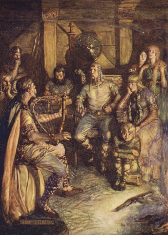 Gleeman laulaa Beowulfin tekoja (väri litho) tekijältä Joseph Ratcliffe (after) Skelton