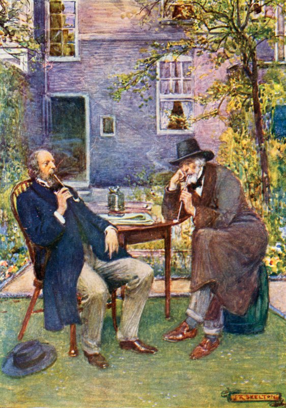 Carlyle (oikealla) ja Tennyson puhuvat ja tupakoivat tekijältä Joseph Ratcliffe Skelton