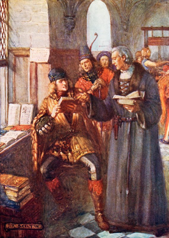 Aateliset vierailemassa William Caxtonin kirjapainossa tekijältä Joseph Ratcliffe Skelton