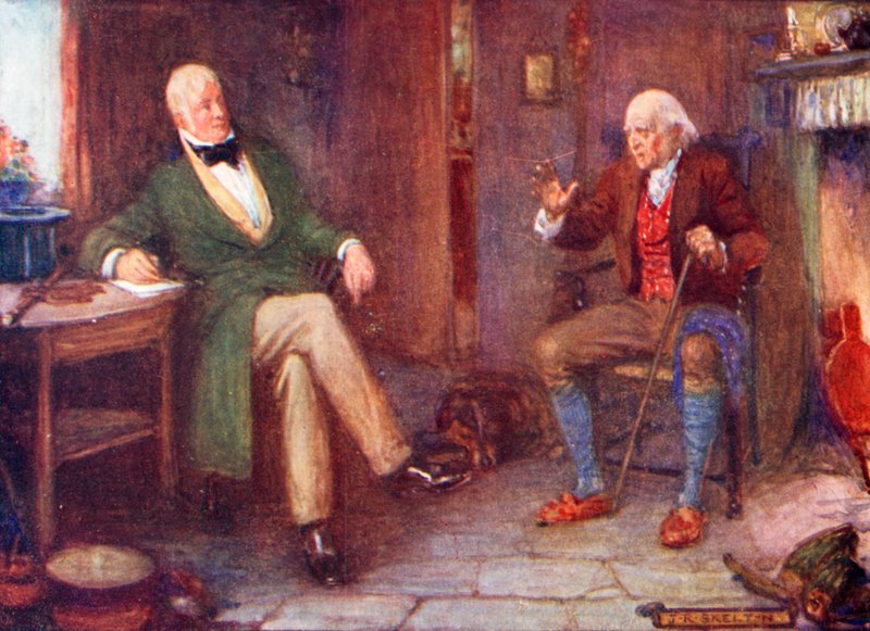 Sir Walter Scott vierailee köyhän miehen luona mökissään tekijältä Joseph Ratcliffe Skelton