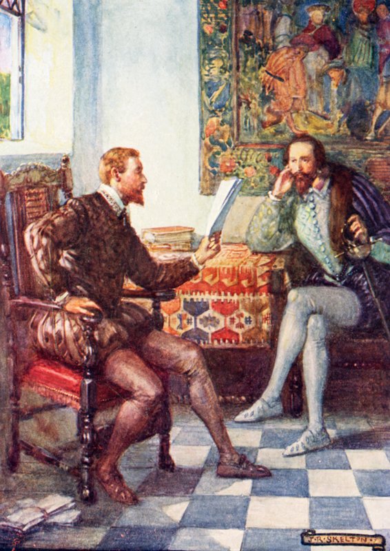Spenser lukee Faery Queenin ensimmäistä osaa Raleighille tekijältä Joseph Ratcliffe Skelton