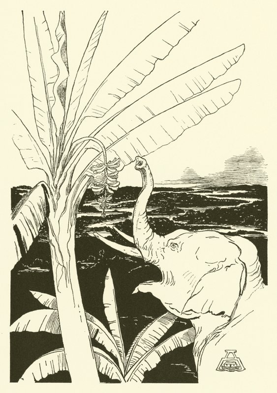 Elefantin lapsi vetää banaaneja (kaiverrus) tekijältä Joseph Rudyard (after) Kipling