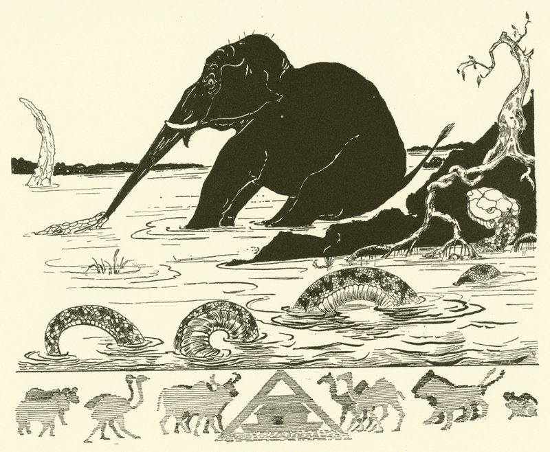 Elefantin lapsi, jonka nenää krokotiili vetää (kaiverrus) tekijältä Joseph Rudyard (after) Kipling