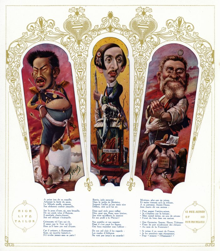 Karikatyyrit: Japanin keisari Meiji; Maurice Barres, ranskalainen kirjailija ja nationalistinen poliitikko; Jean Jaures, ranskalainen poliitikko (väri litho) tekijältä Joseph Sirat