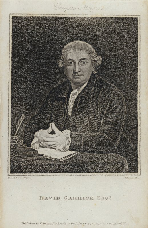David Garrick, englantilainen näyttelijä, näytelmäkirjailija ja teatterijohtaja (kaiverrus) tekijältä Joshua (after) Reynolds