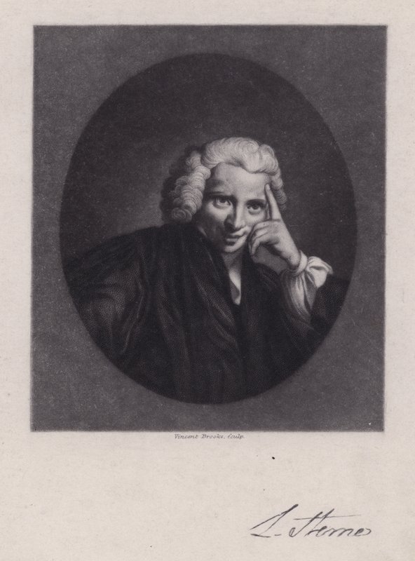 Laurence Sterne, irlantilainen kirjailija ja pappi, kirjailija Tristram Shandy (kaiverrus) tekijältä Joshua (after) Reynolds