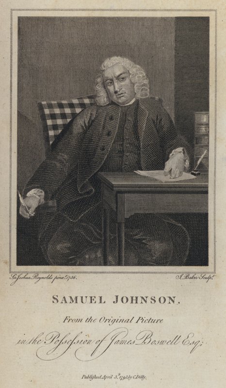 Samuel Johnson, englantilainen kirjailija ja leksikografi (kaiverrus) tekijältä Joshua (after) Reynolds