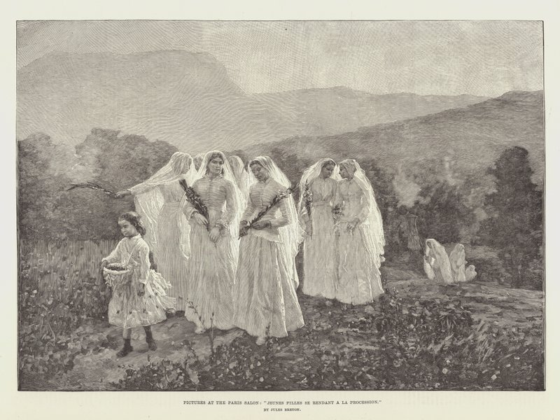 Kuvia Pariisin salongissa, nuoret tytöt menossa La Processioniin tekijältä Jules Breton