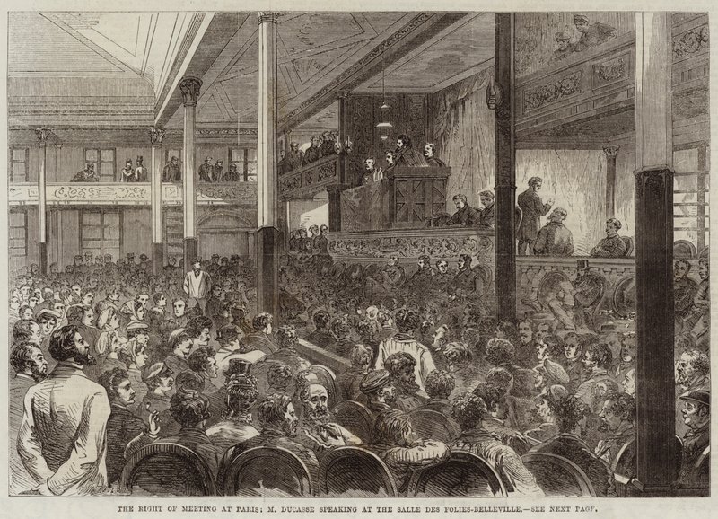 Kokousoikeus Pariisissa, M Ducasse puhumassa Salle des Folies-Bellevillessä tekijältä Jules Pelcoq