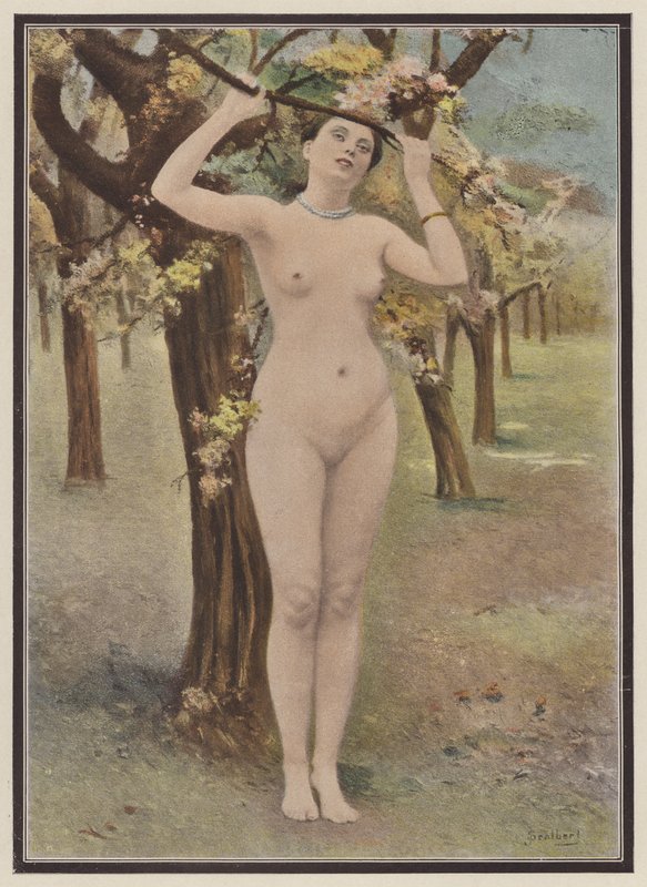 Kevät, nainen puunkukkineen (väri litho) tekijältä Jules (after) Scalbert