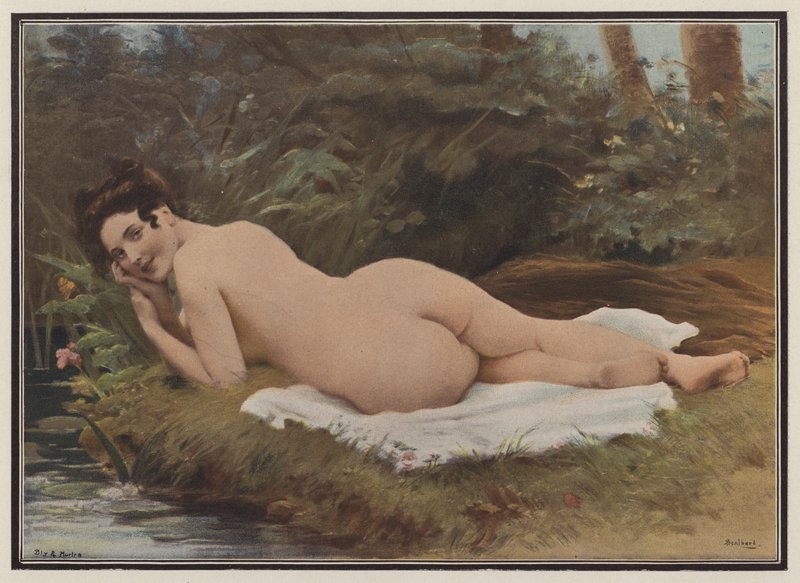 Nainen kylvyn jälkeen (väri litho) tekijältä Jules (after) Scalbert