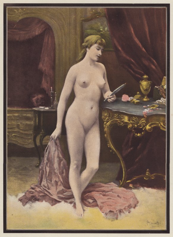 Nainen peilin kanssa (väri litho) tekijältä Jules (after) Scalbert