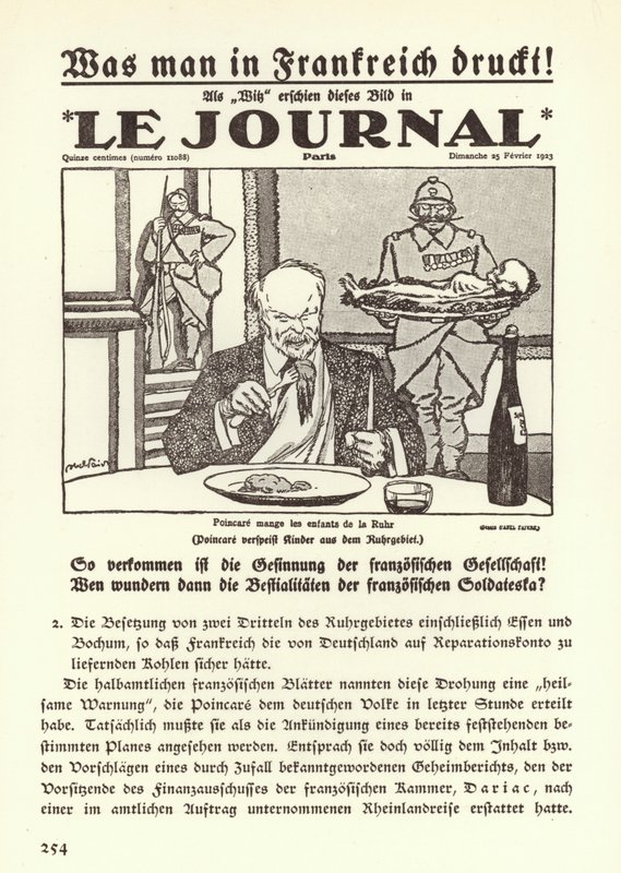 Saksalainen propaganda kuvaa ranskalaisen sanomalehden etusivua, jossa on sarjakuva, jossa pääministeri Raymond Poincare syö Ruhrin lapsia alueen Ranskan miehityksen aikana tekijältä Jules Abel Faivre