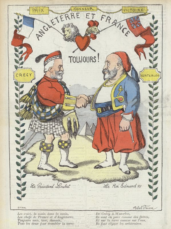 Kuningas Edward VII:n vierailu Ranskassa. Le Rire -lehden kuvitus tekijältä Jules Abel Faivre