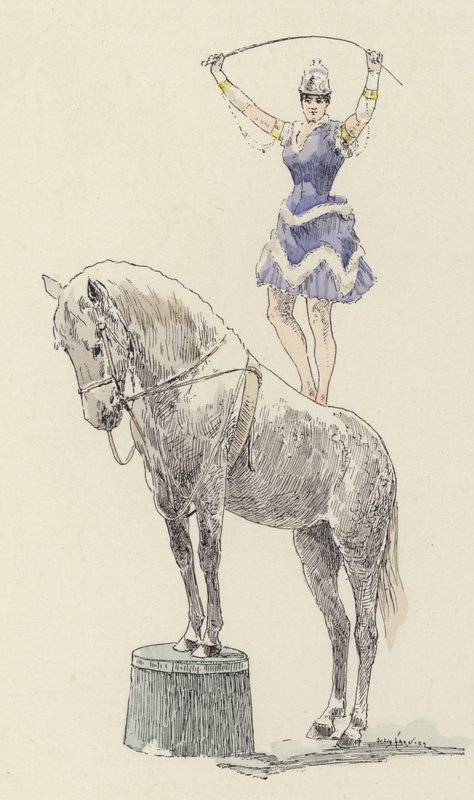 Voimistelija seisoo hevosen selässä (väri litho) tekijältä Jules Arsene (after) Garnier