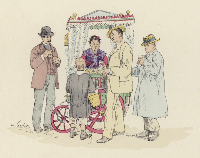 Limonadimyyjä messuilla (väri litho) tekijältä Jules Arsene (after) Garnier