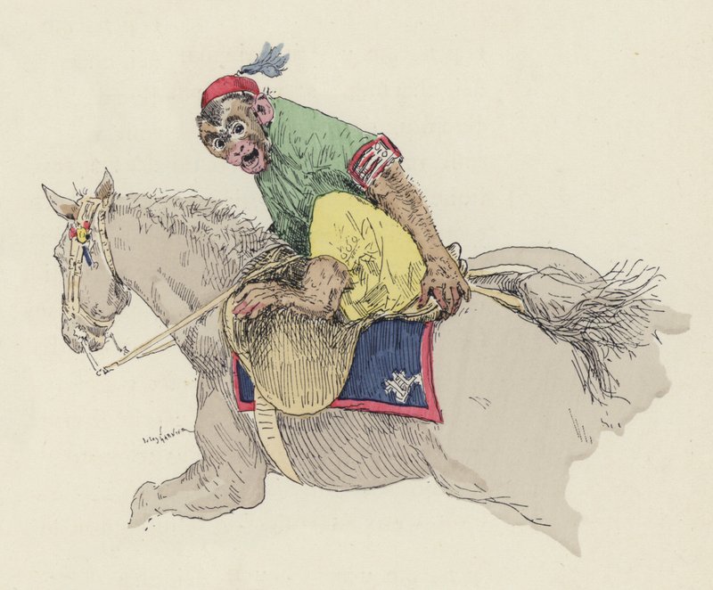Apina ratsastaa hevosella (väri litho) tekijältä Jules Arsene (after) Garnier
