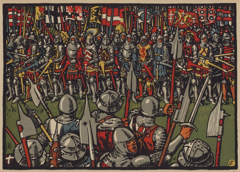 Sveitsin voitto itävaltalaisista Sempachin taistelussa, 9. heinäkuuta 1386 (väri litho) tekijältä Jules Courvoisier