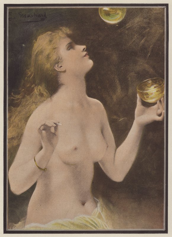 Nainen puhaltaa saippuakuplia (väri litho) tekijältä Jules Louis Machard