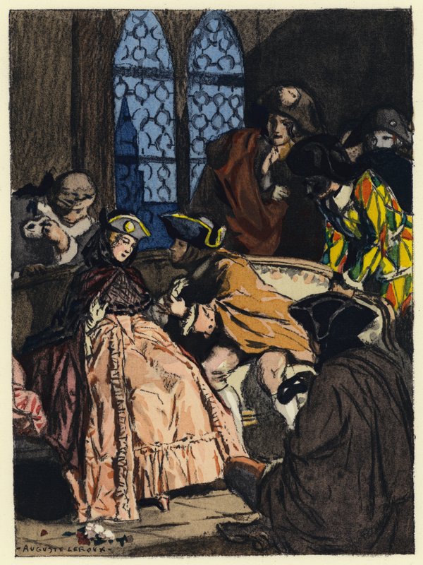 Kuvitus Casanovan muistelmiin (värilitografia). tekijältä Jules Marie Auguste Leroux