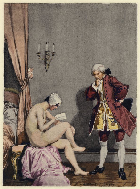 Kuvitus Casanovan muistelmiin (värilitografia). tekijältä Jules Marie Auguste Leroux