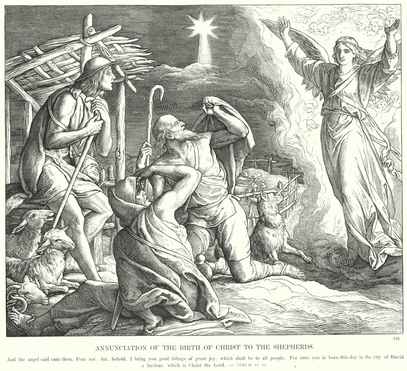 Kristuksen syntymän julistus paimenille (kaiverrus) tekijältä Julius (after) Schnorr von Carolsfeld