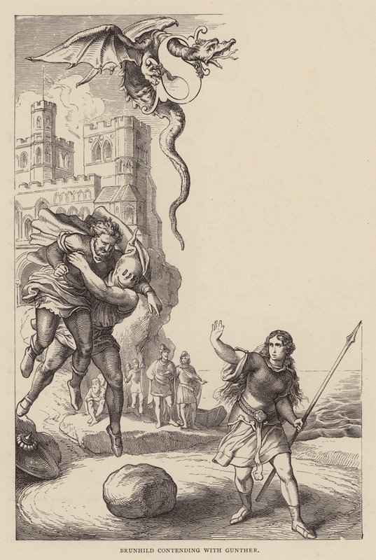 Brunhild kamppailee Guntherin kanssa (kaiverrus) tekijältä Julius (after) Schnorr von Carolsfeld