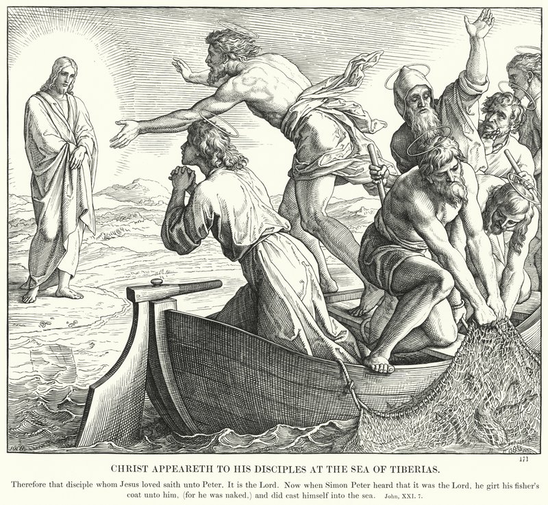 Kristus ilmestyy opetuslapsilleen Tiberiaanmerellä (kaiverrus) tekijältä Julius (after) Schnorr von Carolsfeld