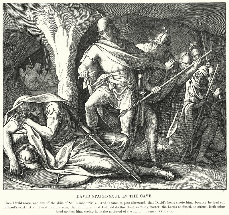 David säästää Saulin luolassa (kaiverrus) tekijältä Julius (after) Schnorr von Carolsfeld