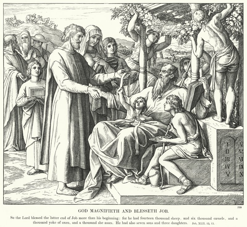 Jumala suurentaa ja siunaa Jobia (kaiverrus) tekijältä Julius (after) Schnorr von Carolsfeld